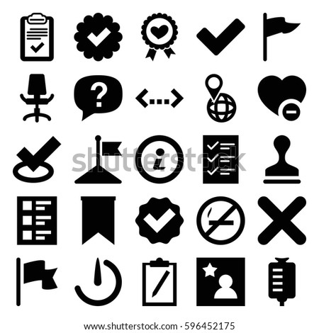mark icons set. Set of 25 mark filled icons such as flag, stamp, drop counter, pin on globe, heart ribbon, minus favorite, tick, clipboard, checklist, office chair, cross