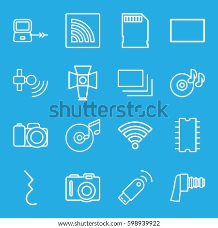 digital icons set. Set of 16 digital outline icons such as laptop connection, camera, disc on fire, pause, wi-fi, disc and music note, camera zoom, soft box, memory card