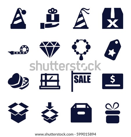 gift icons set. Set of 16 gift filled icons such as parcel, present, necklace, diamond, box, sweet box, party hat, party pipe, gift on hand, question box, tag, sale