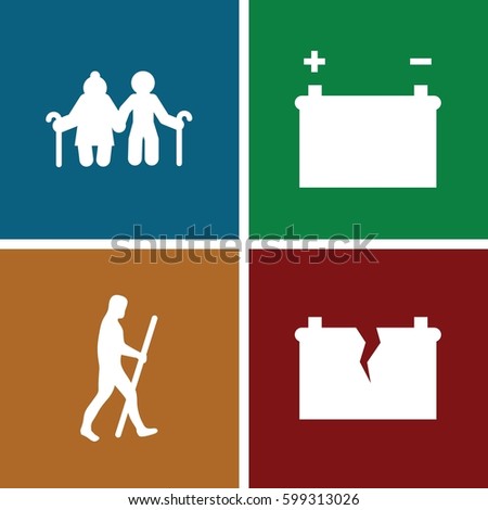 generation icons set. Set of 4 generation filled icons such as battery, broken battery, caveman