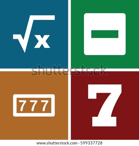 math icons set. Set of 4 math filled icons such as 7 number, square root