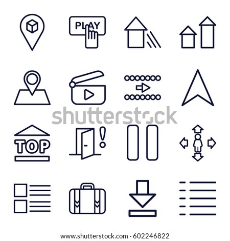 navigation icons set. Set of 16 navigation outline icons such as arrow up, Finger pressing play button, man move, top of cargo box, navigation arrow, location pin, location