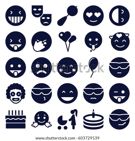 Happiness icons set. set of 25 happiness filled icons such as beanbag, laughing emot, blush, cool emot in sunglasses, emoji showing tongue, cake, balloon, mask, clown