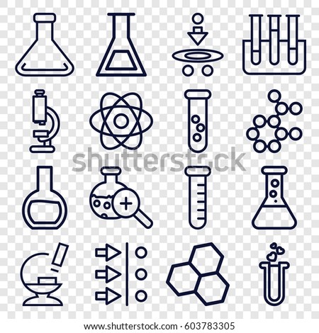 Scientific icons set. set of 16 scientific outline icons such as heart test tube, microscope, test tube, test tube search, atom, atom move