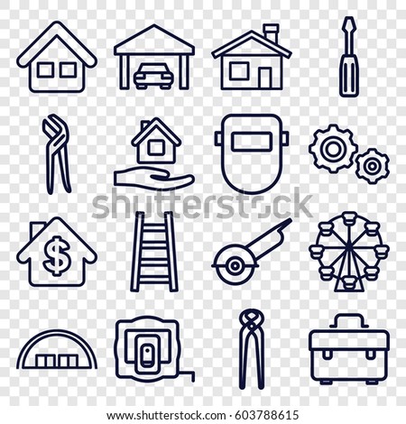 Construction icons set. set of 16 construction outline icons such as barn, house building, measure tape, home care, toolbox, screwdriver, pliers, electric saw, welder mask