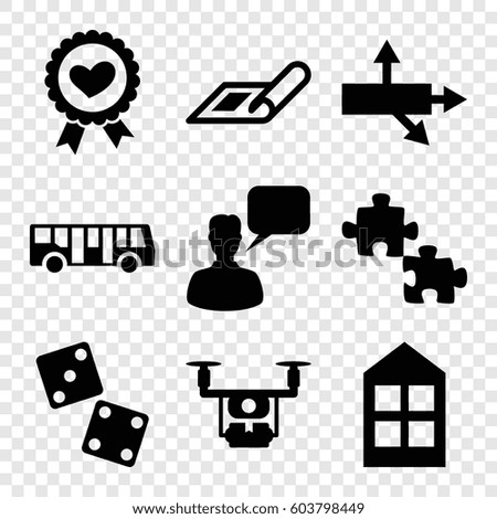 Set of 9 square filled icons such as airport bus, plan, window, chatting man, heart ribbon, medical drone, dice, puzzle