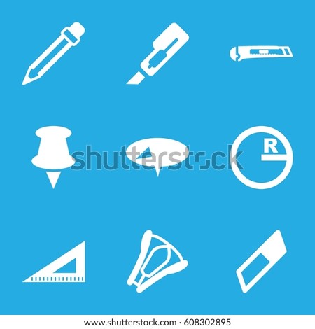 Stationery icons set. set of 9 stationery filled icons such as cutter, ruler, pencil, stapler, pin, circle