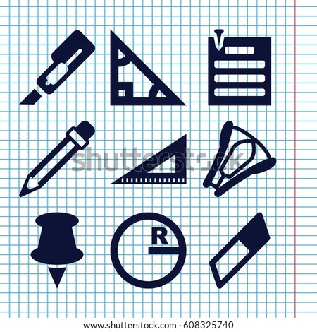 Set of 9 stationery filled icons such as cutter, ruler, pencil, stapler, paper pin, pin, triangle, circle