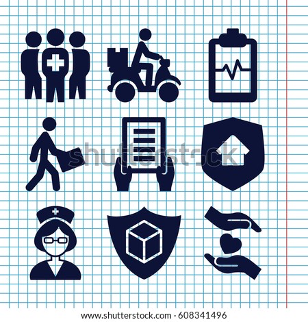 Set of 9 insurance filled icons such as holding document, heartbeat clipboard, cargo insurance, courier, courier on motorcycle, hands holding heart, medical group, nurse