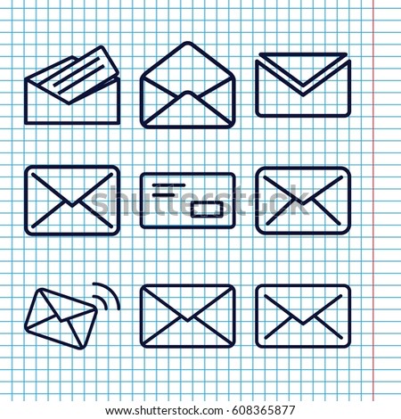 Set of 9 correspondence outline icons such as envelope, mail, letter