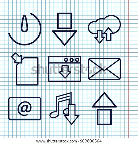 Set of 9 download outline icons such as email, mail, stopwatch camera, download upload cloud, arrow up, arrow down