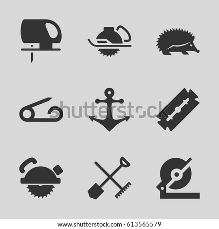 Sharp icons set. set of 9 sharp filled icons such as shovel and rake, hedgehog, pin, razor, circular saw, saw blade, electric saw