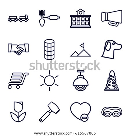 Silhouette icons set. set of 16 silhouette outline icons such as truck with luggage, sun, tunnel, hair curler, gardening tool, luggage cart, minus favorite, megaphone