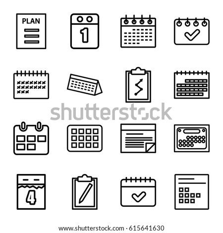 Agenda icons set. set of 16 agenda outline icons such as calendar, plan, 1st day calendar, 4th date calendar, clipboard with chart