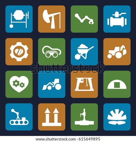 Industrial icons set. set of 16 industrial filled icons such as construction, concrete mixer, excavator, welding glasses, pump, water pipe, heart in gear, cargo arrow up