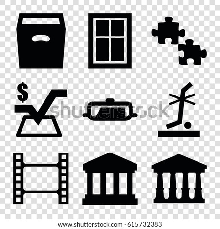 Square icons set. set of 9 square filled icons such as pan, court, window, mathematical square, no standing nearby, box, court building, movie tape