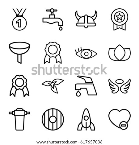 Emblem icons set. set of 16 emblem outline icons such as plant, rocket, wings, lotus, tap, minus favorite, eye, ribbon, shield, helmet, filter