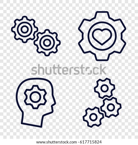 Gears icons set. set of 4 gears outline icons such as heart in gear, gear
