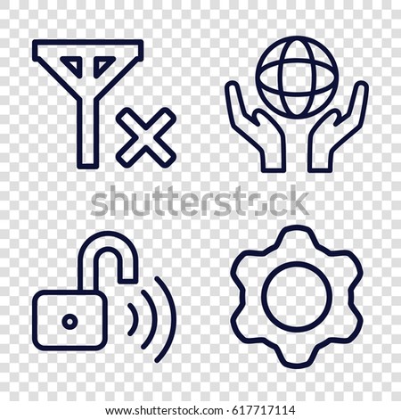 set of 4 connection outline icons such as holding globe, opened security lock, gear