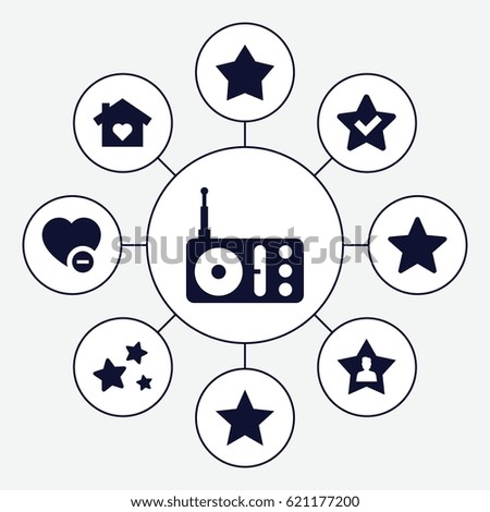 Favorite icons set. set of 9 favorite filled icons such as minus favorite, radio, favourite user, star