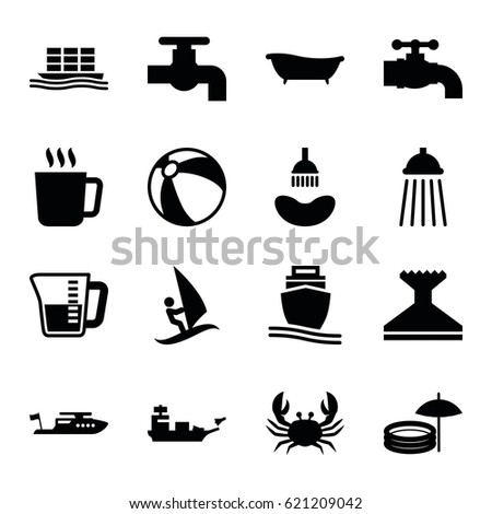 Water icons set. set of 16 water filled icons such as crab, mug, beach ball, shower, boat, tap, window squeegee, cargo ship, bath, decanted, inflatable pool and umbrella
