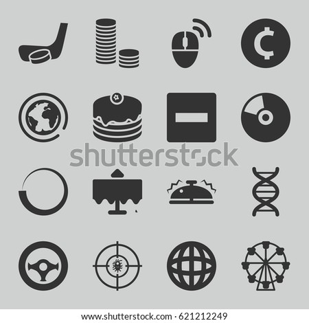 Round icons set. set of 16 round filled icons such as restaurant table, cake, dna, bell, steering wheel, hockey stick and puck, computer mouse, CD, planet, minus, coin