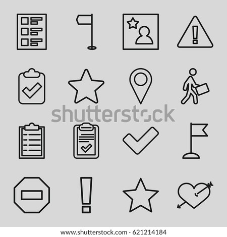 Mark icons set. set of 16 mark outline icons such as flag, courier, tick, clipboard, checklist, favorite photo, star, heart with arrow, warning, clipboard with tick, minus