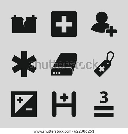 Plus icons set. set of 9 plus filled icons such as medical cross tag, medical sign, 3 allowed, add friend, hospital, battery, light exposure, broken battery