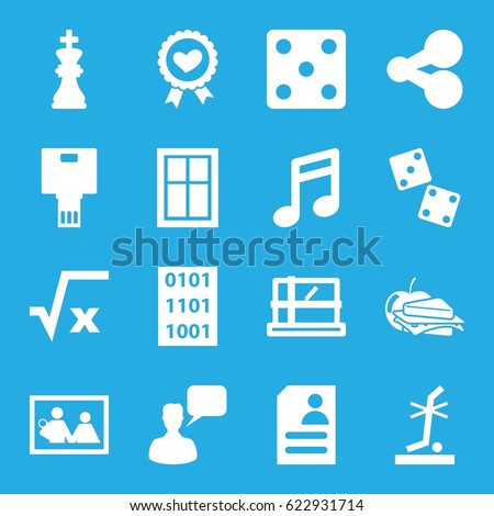 Square icons set. set of 16 square filled icons such as parcel, window, Dice, chatting man, sandwich and apple, resume, no standing nearby, heart ribbon, camera, chess king