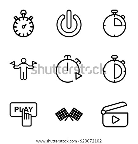 Start icons set. set of 9 start outline icons such as man with flags, Finger pressing play button, switch off, play, stopwatch
