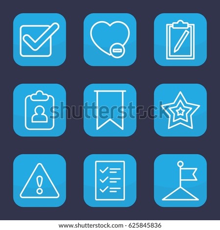 Mark icon. set of 9 outline mark icons such as flag, minus favorite, star, warning, checklist, tick