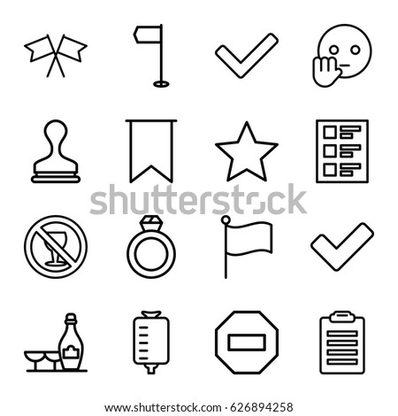 Mark icons set. set of 16 mark outline icons such as champagne and wine glasses, stamp, drop counter, no alcohol, tick, checklist, flag, bye emot, star, ring, check list