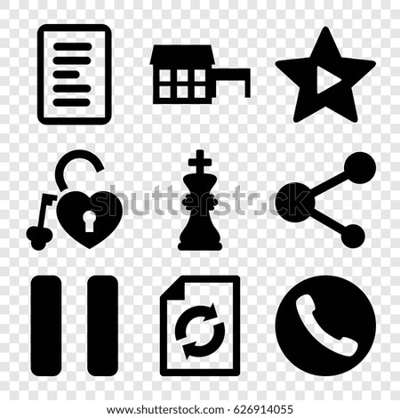 Internet icons set. set of 9 internet filled icons such as reload, heart lock, share, pause, favorite music, chess king, document, call