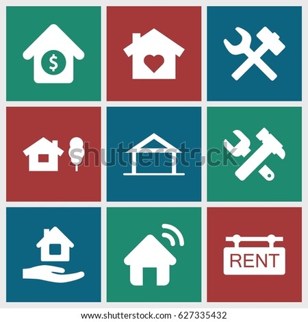 Property icons set. set of 9 property filled icons such as home, home care, hummer and wrench, house sale, rent tag, house signal