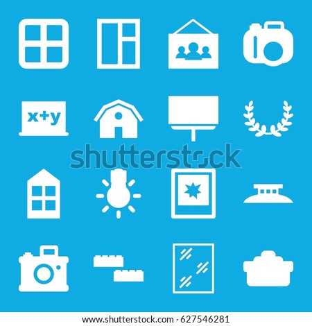 Frame icons set. set of 16 frame filled icons such as window, barn, board, photo, camera lense, camera bulb, wire fence, olive wreath, building block, blackboard x+y