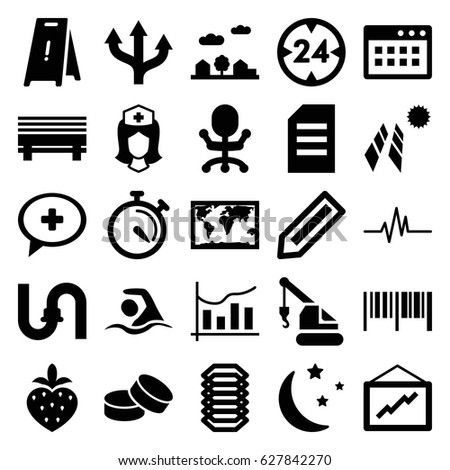 Line icons set. set of 25 line filled icons such as pencil, pipe, tablet, wet floor, graph, crane, nurse, stopwatch, strawberry, moon and stars, heartbeat, medical cross