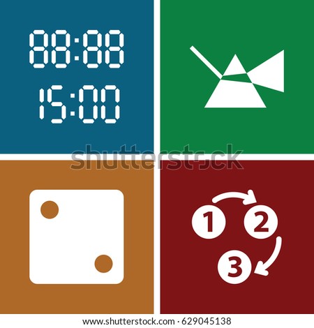 Number icons set. set of 4 number filled icons such as Dice, 1 2 3, digital time