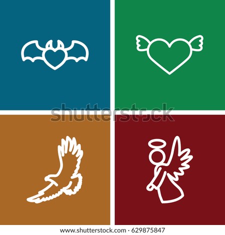 Flying icons set. set of 4 flying outline icons such as eagle, devil heart with wings, angel