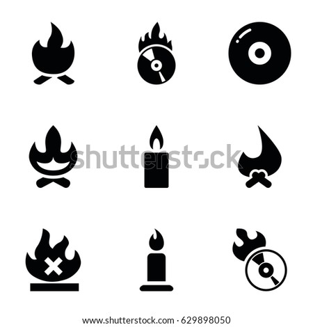 Burn icons set. set of 9 burn filled icons such as candle, no fire, disc flame, cd fire, bonfire