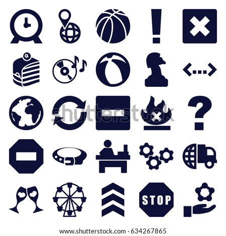 Round icons set. set of 25 round filled icons such as belt, clock, table, piece of cake, basketball, no fire, pin on globe, clink glasses, disc on fire, stop, beach ball