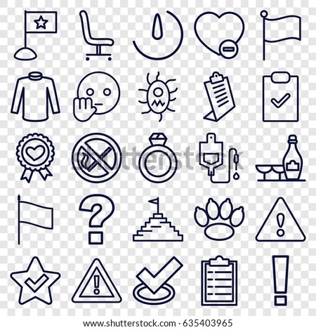 Mark icons set. set of 25 mark outline icons such as champagne and wine glasses, sweater, clipboard, drop counter, warning, heart ribbon, minus favorite, virus and pills