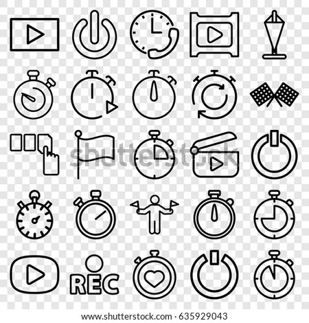 Start icons set. set of 25 start outline icons such as man with flags, push button, stopwatch, rec, play, switch off, finish flag