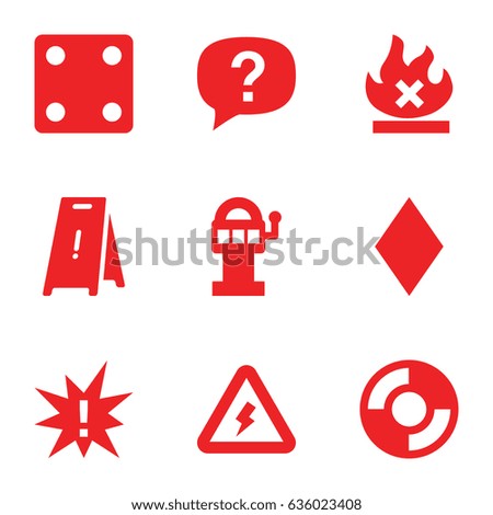 Risk icons set. set of 9 risk filled icons such as diamonds, dice, wet floor, no fire, voltage warning, lifebuoy, exclamation