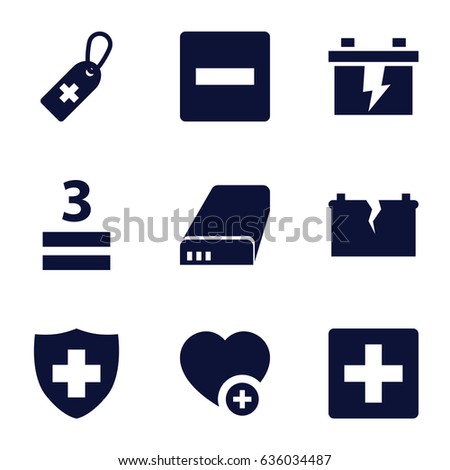 Plus icons set. set of 9 plus filled icons such as battery, medical cross tag, medical sign, 3 allowed, add favorite, broken battery, plus