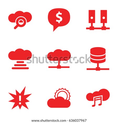 Cloud icons set. set of 9 cloud filled icons such as sun, exclamation
