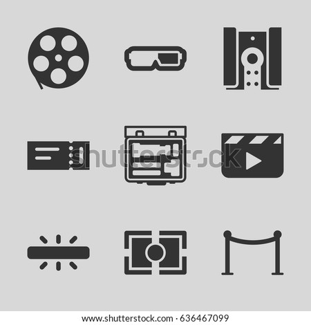 Cinema icons set. set of 9 cinema filled icons such as ticket, red carpet barrier, camera, camera focus, movie tape, clapper board