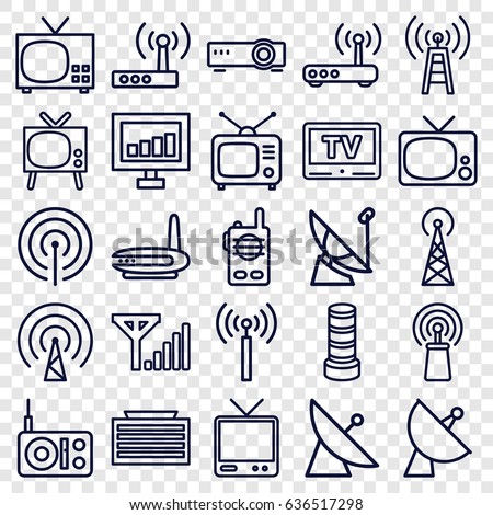 Antenna icons set. set of 25 antenna outline icons such as signal tower, satellite, business center building, signal, tv, tv, router, mobile signal, walkie talkie, transmitter