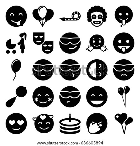 Happiness icons set. set of 25 happiness filled icons such as beanbag, balloon, laughing emot, blush, cool emot in sunglasses, emoji showing tongue, party pipe, cake, mask