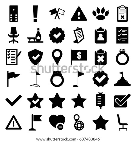 Mark icons set. set of 36 mark filled icons such as champagne and wine glasses, clipboard, drop counter, flag, warning, pin on globe, check list, minus favorite, star