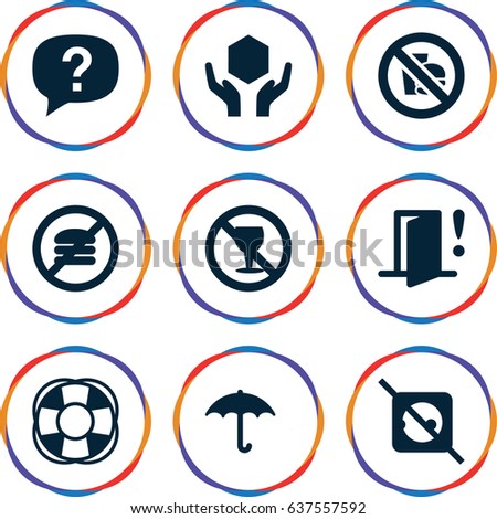 Warning icons set. set of 9 warning filled icons such as no alcohol, keep dry cargo, handle with care, fan, door warning, no fast food, exclamation